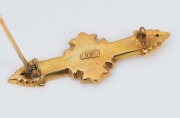 An antique Australian 9ct gold and sapphire brooch, 19th century, stamped with rare pictorial falcon mark, ​​​​​​​4.5cm wide, 2.3 grams. - 2