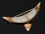 An antique 15ct gold and mother of pearl brooch with shark tooth pendant drop, circa 1875, stamped "15ct", ​​​​​​​7cm wide, 7.6 grams total. - 2