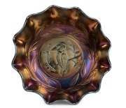 CROWN CRYSTAL "Kingfisher" cobalt carnival glass master bowl, 7cm high, 23.5cm wide