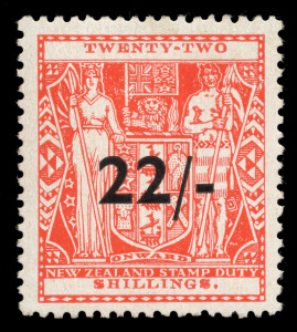 NEW ZEALAND: POSTAL FISCAL: 1945 (SG.F216) 22/- on 22 Shillings scarlet, superb MUH.