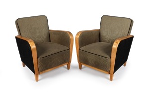 A pair of French Art Deco satin birch armchairs, 20th century, bearing maker's plaque "DUX T. SERIE", 65cm across the arms.