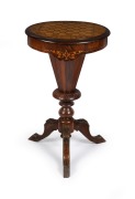 An antique English circular walnut sewing table with Tunbridge ware games top and trumpet base, 19th century, ​​​​​​​original fitted interior housing an assortment of sewing implements, threads, accessories etc., 78cm high, 46cm diameter.