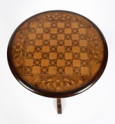 An antique English circular walnut sewing table with Tunbridge ware games top and trumpet base, 19th century, ​​​​​​​original fitted interior housing an assortment of sewing implements, threads, accessories etc., 78cm high, 46cm diameter. - 2