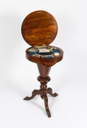 An antique English circular walnut sewing table with Tunbridge ware games top and trumpet base, 19th century, ​​​​​​​original fitted interior housing an assortment of sewing implements, threads, accessories etc., 78cm high, 46cm diameter. - 3