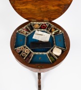 An antique English circular walnut sewing table with Tunbridge ware games top and trumpet base, 19th century, ​​​​​​​original fitted interior housing an assortment of sewing implements, threads, accessories etc., 78cm high, 46cm diameter. - 4