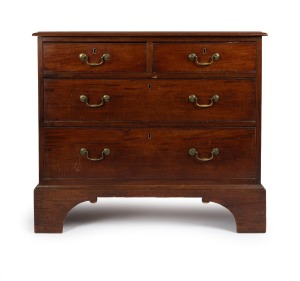 A Georgian English mahogany four drawer chest with cock beading, bracket feet and brass swing handles, early 19th century, 88cm high, 101cm wide, 56cm deep.