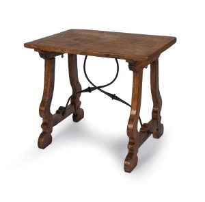 An antique elm refectory style with plank top and wrought iron stretcher base, 78cm high, 89cm wide, 60cm deep.