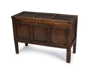 An antique English oak coffer with peg-joint construction, 18th century, 65cm high, 96cm wide, 38cm deep.