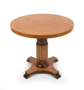 An Art Deco style circular occasional table with quarter book-matched veneered top in ash, mid 20th century, 61cm high, 70cm diameter.