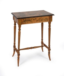 An antique French sewing table with hand-painted bird and floral decoration, 19th century, A/F, 77cm high, 56cm wide, 38cm deep.