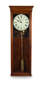 SYNCHRONOME electric antique English master clock in mahogany case with full length glazed door, early 20th century, ​​​​​​​134cm high.