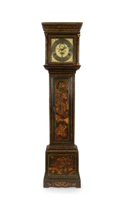 An Antique English chinoiserie longcase clock with oriental and gilt decorated case on green ground, 12 inch brass dial with applied maker's plaque "THOs. Moore, Melford" with date aperture and subsidiary seconds, eight day time and bell striking movement with five knopped pillars and anchor escapement, circa 1760, 220cm high, 53cm wide, 25cm deep.