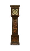 An Antique English chinoiserie longcase clock with oriental and gilt decorated case on green ground, 12 inch brass dial with applied maker's plaque "THOs. Moore, Melford" with date aperture and subsidiary seconds, eight day time and bell striking movement