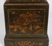 An Antique English chinoiserie longcase clock with oriental and gilt decorated case on green ground, 12 inch brass dial with applied maker's plaque "THOs. Moore, Melford" with date aperture and subsidiary seconds, eight day time and bell striking movement - 5