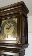 An Antique English chinoiserie longcase clock with oriental and gilt decorated case on green ground, 12 inch brass dial with applied maker's plaque "THOs. Moore, Melford" with date aperture and subsidiary seconds, eight day time and bell striking movement - 6