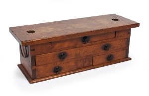 An antique Japanese four drawer timber base cabinet, originally would have been used for scales, Meiji period, 19th century, ​​​​​​​25cm high, 73cm wide, 25cm deep.