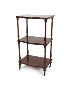 An antique English burr walnut three tier whatnot, 19th century, 91cm high, 51cm wide, 36cm deep.