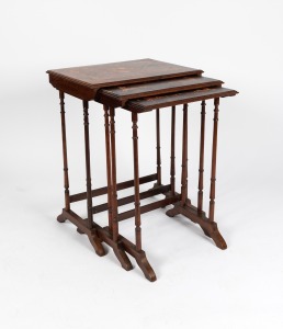 A nest of three antique French rosewood and floral marquetry inlaid occasional tables, late 19th century, ​​​​​​​the largest 71cm high, 54cm wide, 40cm deep.