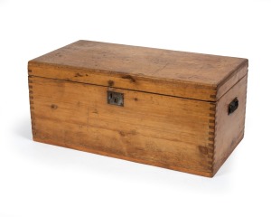 An antique English Baltic pine blanket box, 19th century, ​​​​​​​39cm high, 89cm wide, 45cm deep.