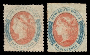 NEW SOUTH WALES: An album page with stamps in place including 1860-63 perforated (6d) Registration stamps (2, shades) and 1862-76 issues to 1/- black; and the later 5/- Corbould, all Mint; mixed condition. (11).