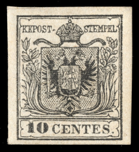 ITALY: LOMBARDY-VENETO: 1857 10 centes black, Machine paper (Sassone 19), an unused example with good even margins all around, with full unmounted original gum. Rare so fine. Cert. Colla (2016) Sassone = &euro;&scaron;&not; 48.000; Classici d'Italia LV2b = &euro;&scaron;&not; 6'000.