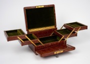 A fine quality antique English crocodile skin jewellery box, handsomely fitted in green velvet with fall front and concertina compartments, manufactured by Edwards & Sons of Regent Street, London; together with antique ivory opera glasses in original leat - 3