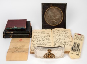 LAWRENCE GAIL NICHOLSON Lieutenant First Royal Berks, framed albumen photograph in full regalia with service details verso "Wounded Near Ypres, October 23rd, 1914, Died November 2nd, 1914, Aged 32 Years"; together with framed Death Penny, with accompanyin
