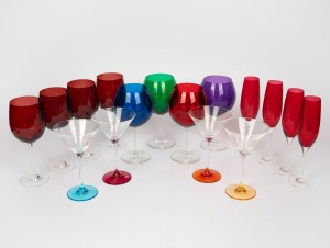 Assorted coloured glassware comprising of four sets of four, makers include WATERFORD MARQUIS and ROYAL DOULTON, (16 items), the largest 24cm high.