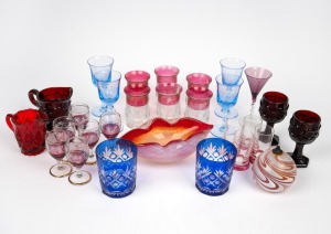 MURANO glass bowl, art glass oil lamp, ruby pressed glass goblets and jugs, blue overlay tumblers; together with assorted coloured glassware, (22 items), ​​​​​​​the Murano bowl 22cm wide.