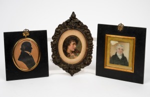 An antique Regency hand-painted miniature portrait dated 1820 with inscription verso (only partially legible); together with a Georgian silhouette profile portrait with inscription verso, circa 1830s and an antique lithograph portrait of a woman, 19th/20t