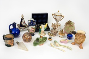 Assorted antique and vintage porcelain vases, crystal baubles in box, perfume wares, novelty light shade etc., (qty), the largest 17cm high.