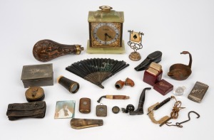 Antique snuff box, onyx clock, copper powder flask, antique grafting pocketknife, miniature playing cards and counter, whale oil lamp, spy glass, pocket opera glasses, tape measure etc., 19th and 20th century, (qty). A fascinating group.
