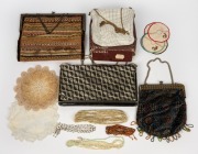Glomesh evening bags, antique and vintage purses, vintage necklaces, wine glass coasters, doilies and beadwork purse, 20th century, (qty).