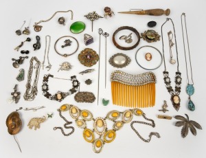 Antique silver cufflinks, antique silver hat pins; together with assorted silver and costume jewellery, hair comb, etc., 19th and 20th century, (qty).