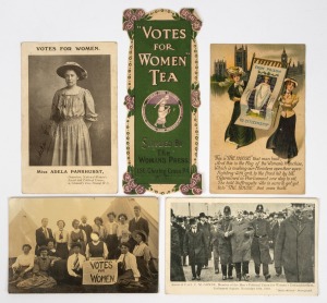 SUFFRAGETTES group of four antique postcards including one example signed by Miss Adela Pankhurst; together with a "Vote For Women" lithograph tea label, 19th/20th century, (5 items).