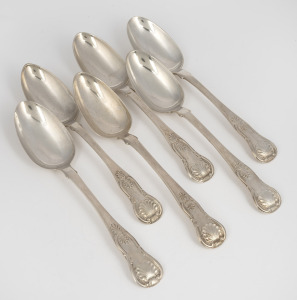 Six antique Scottish sterling silver tablespoons, made in Edinburgh, circa 1802, 22cm long, 460 grams total.