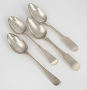 Four Georgian sterling silver tablespoons, Scottish, English and Channel Islands, 18th/19th century, ​​​​​​​the largest 22cm long, 266 grams total.