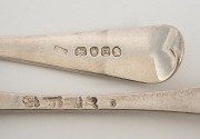 Four Georgian sterling silver tablespoons, Scottish, English and Channel Islands, 18th/19th century, ​​​​​​​the largest 22cm long, 266 grams total. - 2