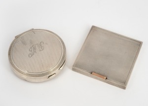 Two vintage sterling silver powder compacts with engine turned decoration, one square form with rose gold clasp, the other circular with engraved ownership monogram, 20th century, 7.5cm and 8cm wide, 316 grams total (including mirrors).