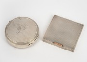 Two vintage sterling silver powder compacts with engine turned decoration, one square form with rose gold clasp, the other circular with engraved ownership monogram, 20th century, 7.5cm and 8cm wide, 316 grams total (including mirrors).