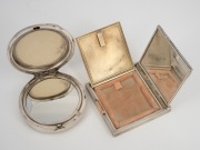 Two vintage sterling silver powder compacts with engine turned decoration, one square form with rose gold clasp, the other circular with engraved ownership monogram, 20th century, 7.5cm and 8cm wide, 316 grams total (including mirrors). - 2