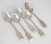 Five rare George III Scottish provincial sterling silver fiddle pattern tablespoons with engraved ownership monogram, by John Pearson of Dumfries, 1794-1817, 23cm long, 370 grams total.