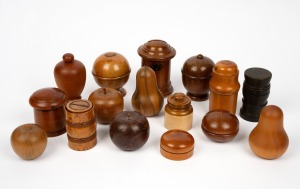 TREEN WARE antique and vintage carved timber fruit, boxes and money boxes, English and Australian, 19th and 20th century, (16 items), the largest 12cm high.