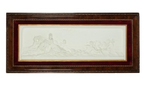 An antique cast plaster basse relief panel in original frame, 19th century, ​​​​​​​53 x 121cm overall.