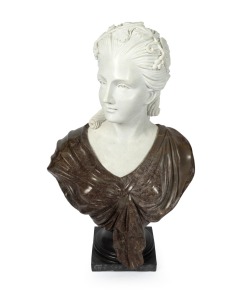 An impressive Italian carved Carrara and variegated marble bust of a lady on pontil base in the antique style, 20th century, (heavy!), 76cm high.