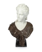 An impressive Italian carved Carrara and variegated marble bust of a lady on pontil base in the antique style, 20th century, (heavy!), 76cm high.