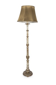 A Florentine style carved timber standard lamp with silver finish and shade, 20th century, ​​​​​​​192cm high overall.
