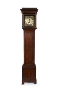 An antique English oak longcase clock by GEORGE HEWETT of Marlborough with engraved silvered dial, early 19th century, 205cm high.