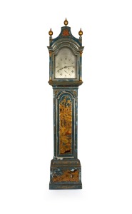 An antique English chinoiserie longcase clock, the case with oriental palace scenes and gilt floral decoration on royal blue ground. Pagoda hood with gilt sound fret and three ball and spire finials, one piece silvered dial break arch dial with subsidiary seconds and date, signed to the arch "WILLm. Draper, Maldon", eight day time and bell striking weight driven movement, circa 1770, 238cm high, 50cm wide, 26cm deep.