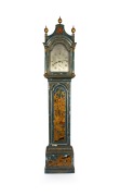 An antique English chinoiserie longcase clock, the case with oriental palace scenes and gilt floral decoration on royal blue ground. Pagoda hood with gilt sound fret and three ball and spire finials, one piece silvered dial break arch dial with subsidiary